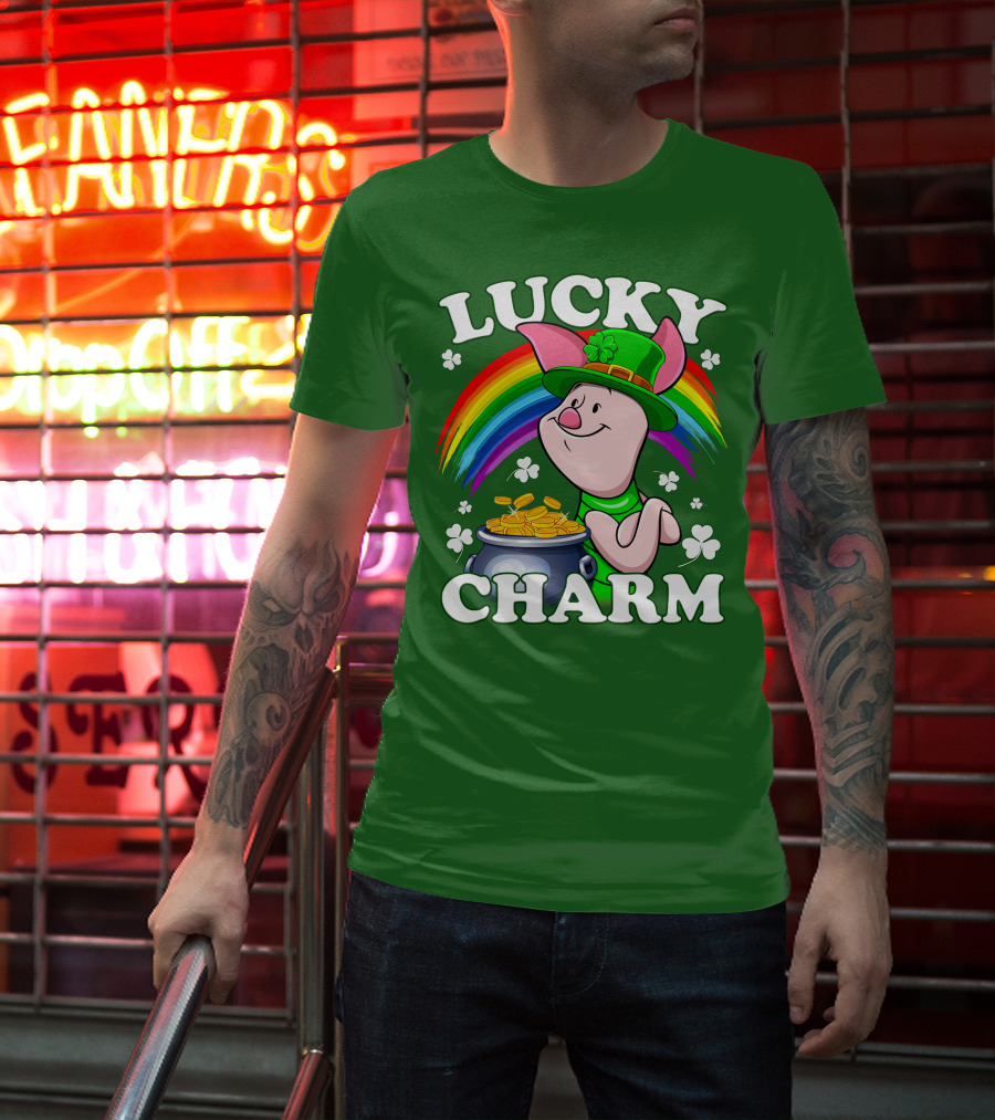 Lucky Charm With Piglet In Leprechaun Hat And Rainbow T-Shirt