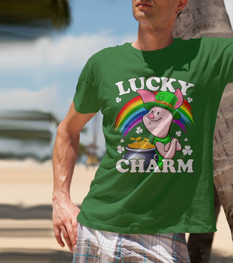 Lucky Charm With Piglet In Leprechaun Hat And Rainbow T-Shirt