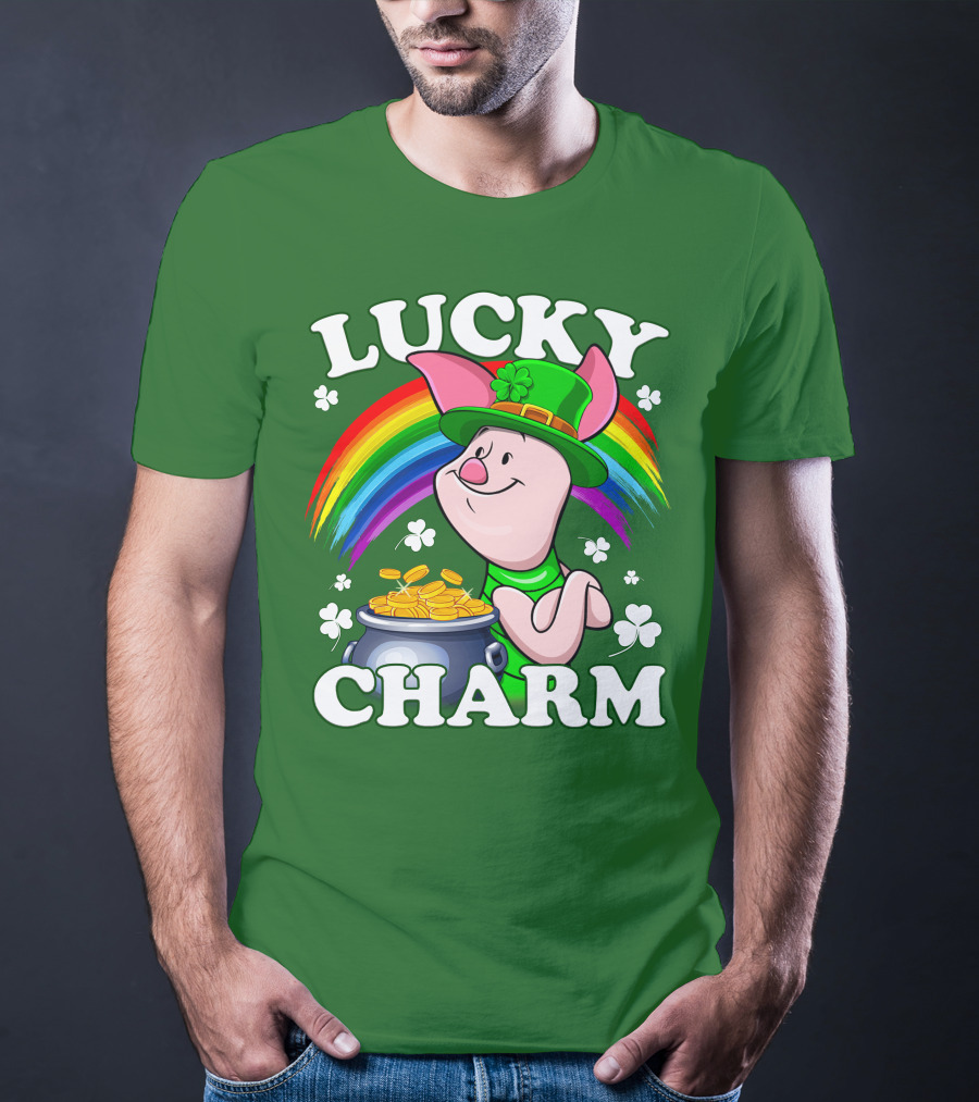 Lucky Charm With Piglet In Leprechaun Hat And Rainbow T-Shirt
