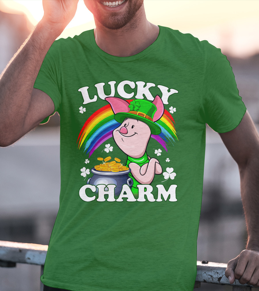Lucky Charm With Piglet In Leprechaun Hat And Rainbow T-Shirt
