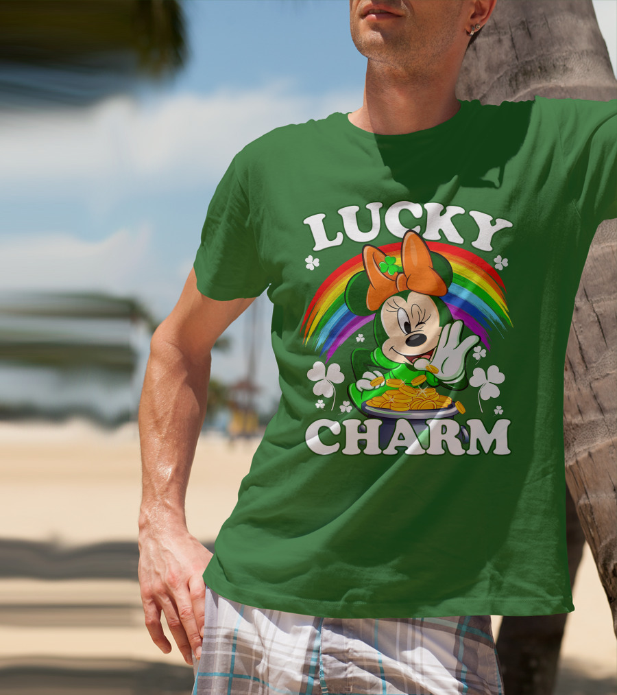 Lucky Charm Rainbow Minnie With Pot Of Gold And Shamrocks T-Shirt