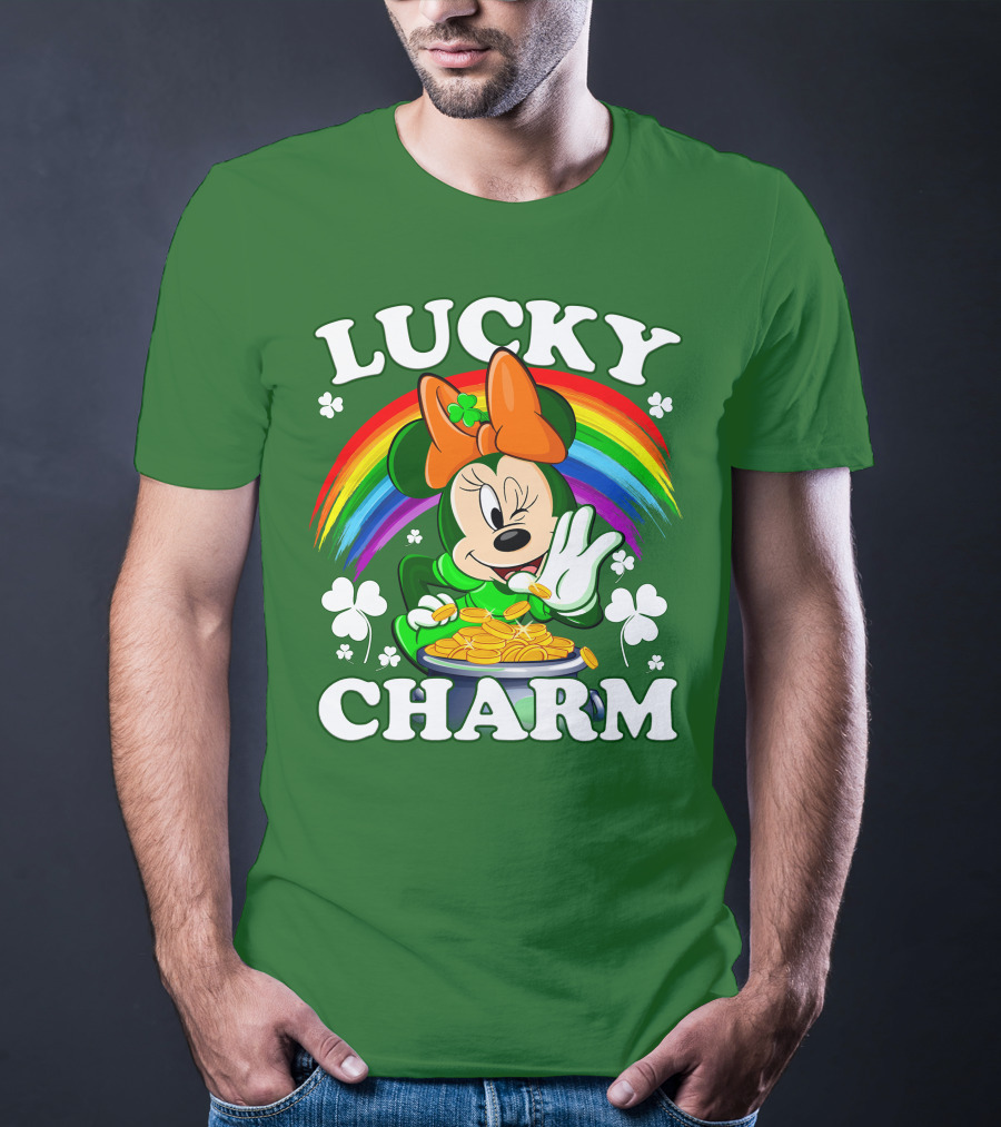Lucky Charm Rainbow Minnie With Pot Of Gold And Shamrocks T-Shirt