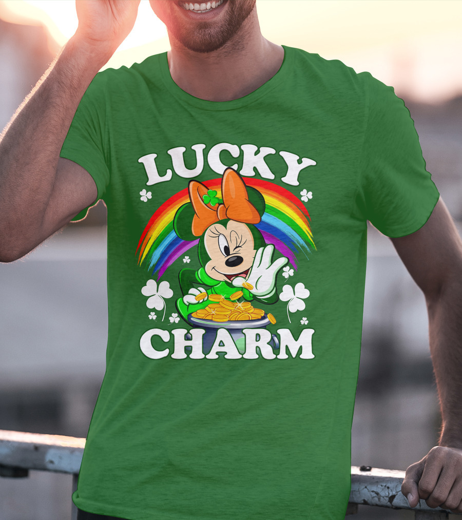 Lucky Charm Rainbow Minnie With Pot Of Gold And Shamrocks T-Shirt