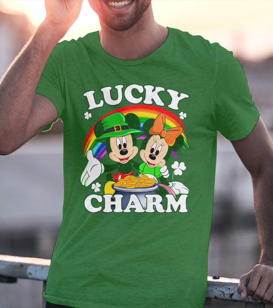 Lucky Charm Mickey And Minnie Rainbow Shamrock Coins T-Shirt