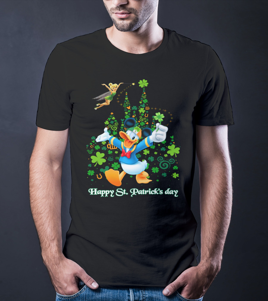 Happy St. Patrick's Day Donald And Tinkerbell With Shamrocks And Castle T-Shirt