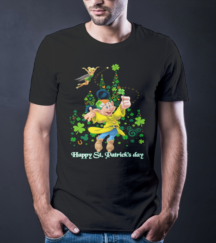 Happy St. Patrick's Day Dopey Disney Character With Tinker Bell And Clovers T-Shirt