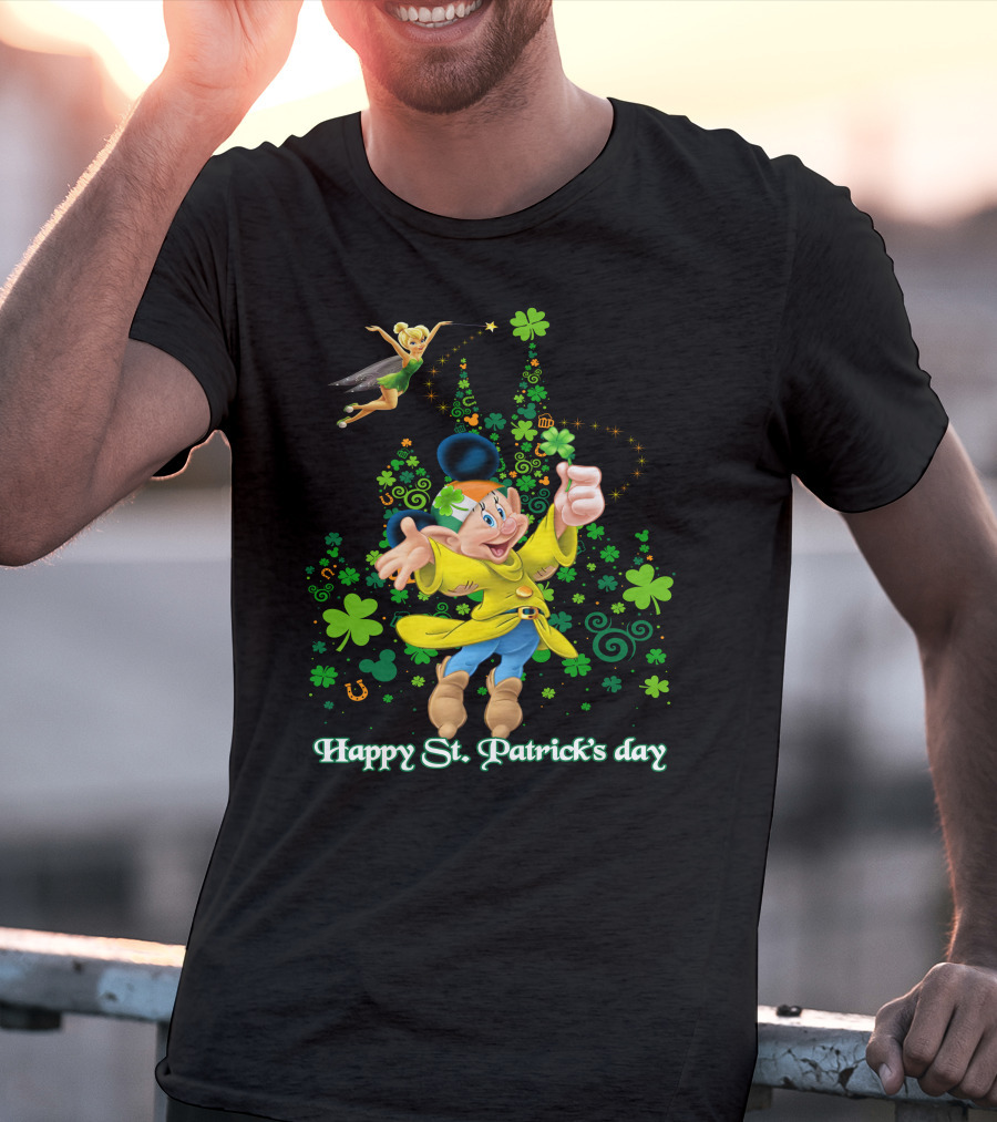 Happy St. Patrick's Day Dopey Disney Character With Tinker Bell And Clovers T-Shirt