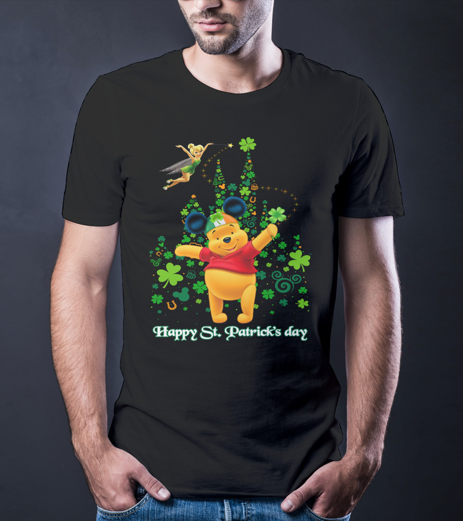 Happy St. Patrick's Day Pooh And Tinker Bell With Mickey Ears And Shamrocks T-Shirt