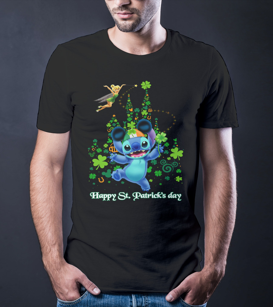 Stitch And Tinkerbell Happy St. Patrick's Day With Shamrocks And Irish Colors T-Shirt