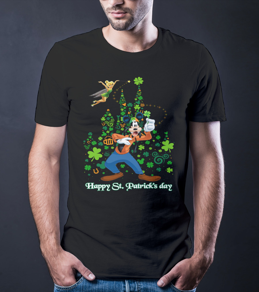 Goofy Happy St. Patrick's Day With Tinker Bell And Castle T-Shirt