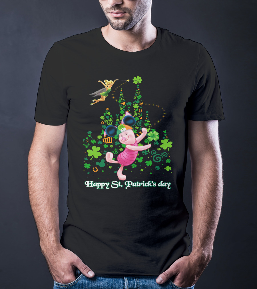 Happy St. Patrick's Day Piglet Tinker Bell Mickey Ears Shamrock Castle T-Shirt