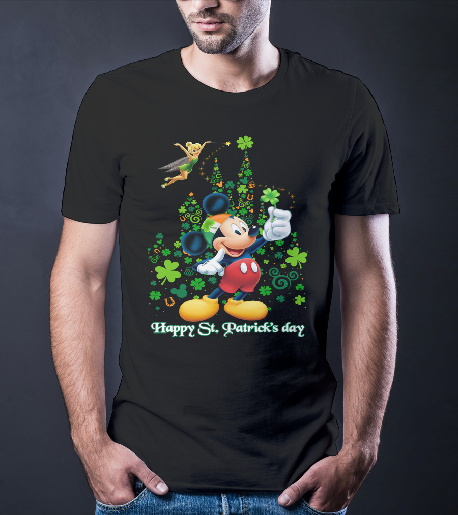 Mickey Happy St. Patrick's Day With Tinker Bell And Shamrocks T-Shirt