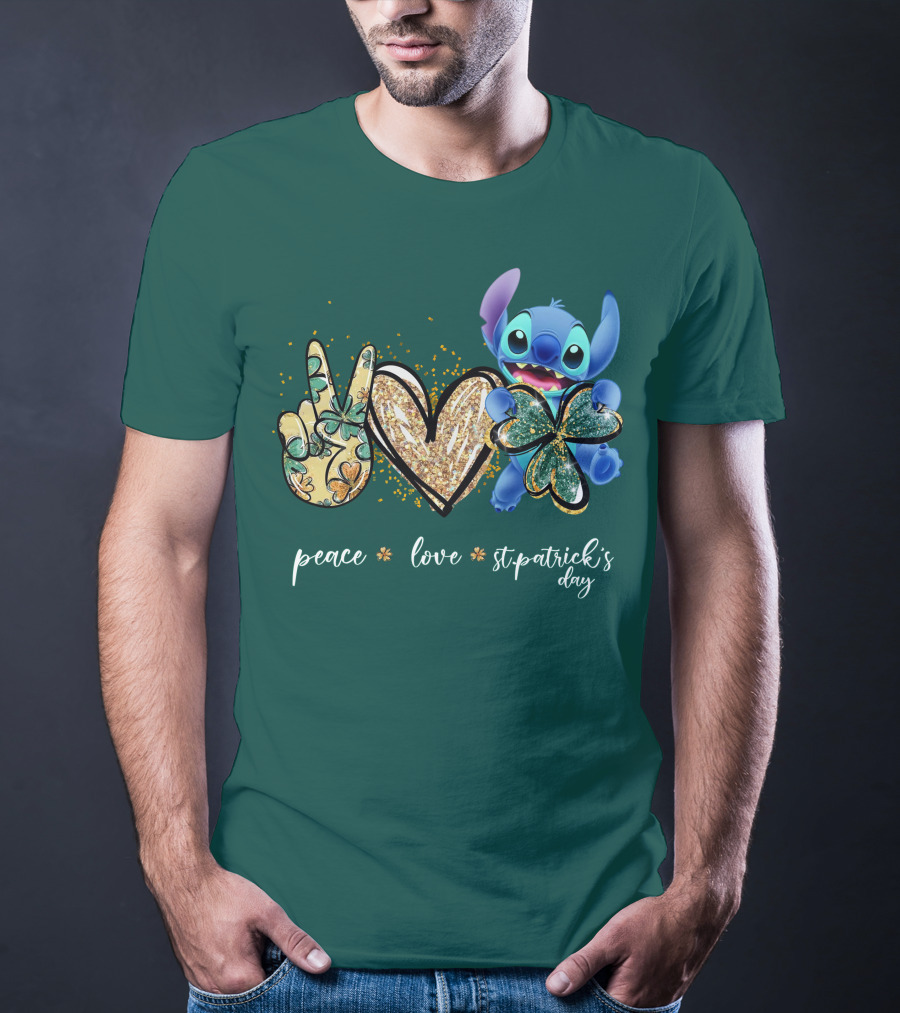 Peace Love St. Patrick's Day Stitch Shamrock Clover T-Shirt