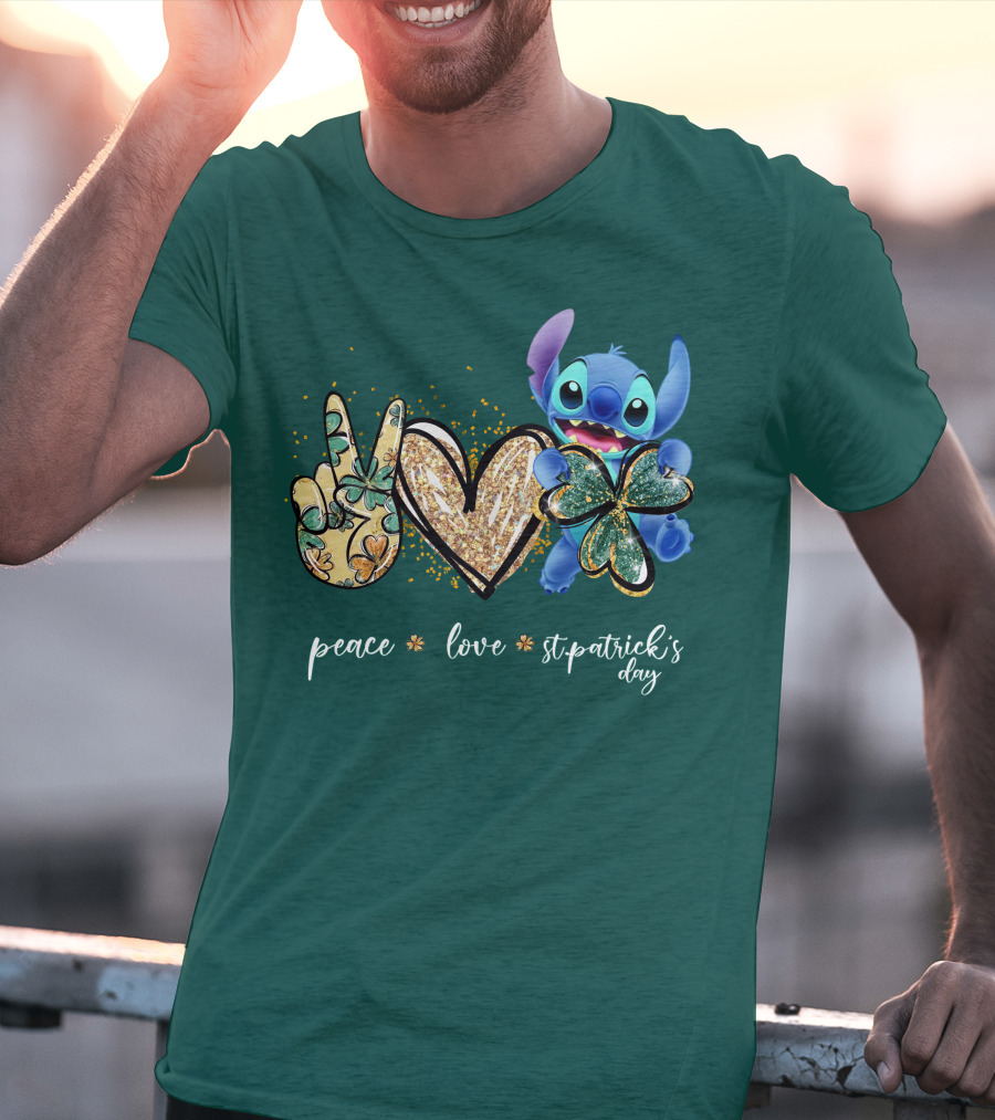 Peace Love St. Patrick's Day Stitch Shamrock Clover T-Shirt