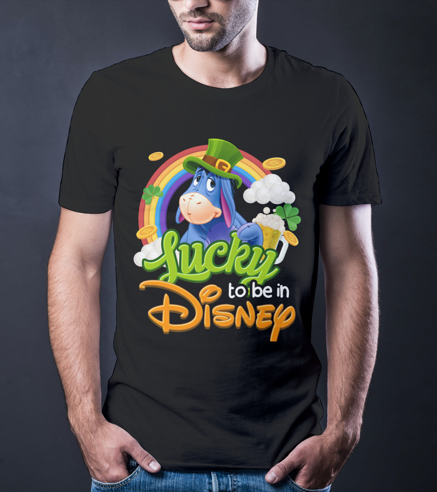 Eeyore Lucky To Be In Disney St. Patrick's Day Rainbow And Coins T-Shirt