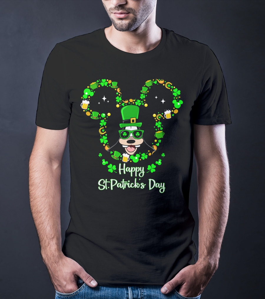 Happy St. Patrick's Day Goofy With Shamrocks And Leprechaun Hat T-Shirt