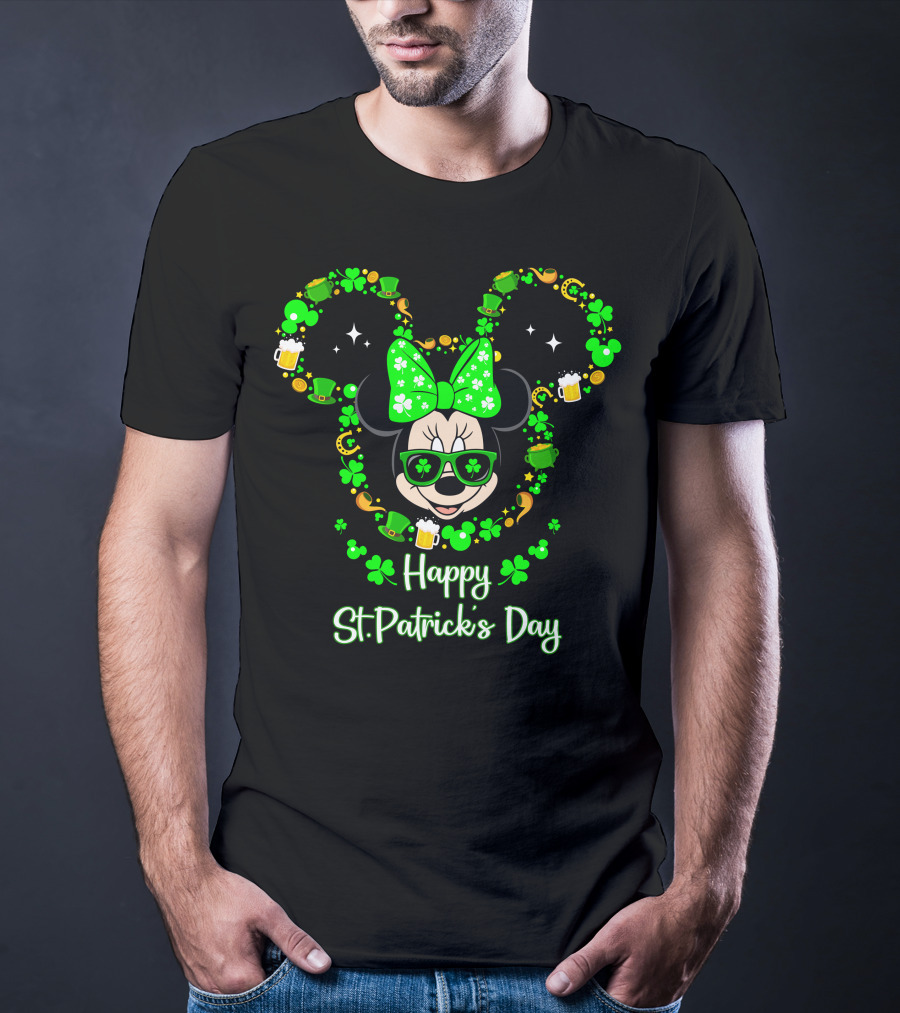 Happy St. Patrick's Day Minnie Mouse With Green Shamrocks And Accessories T-Shirt