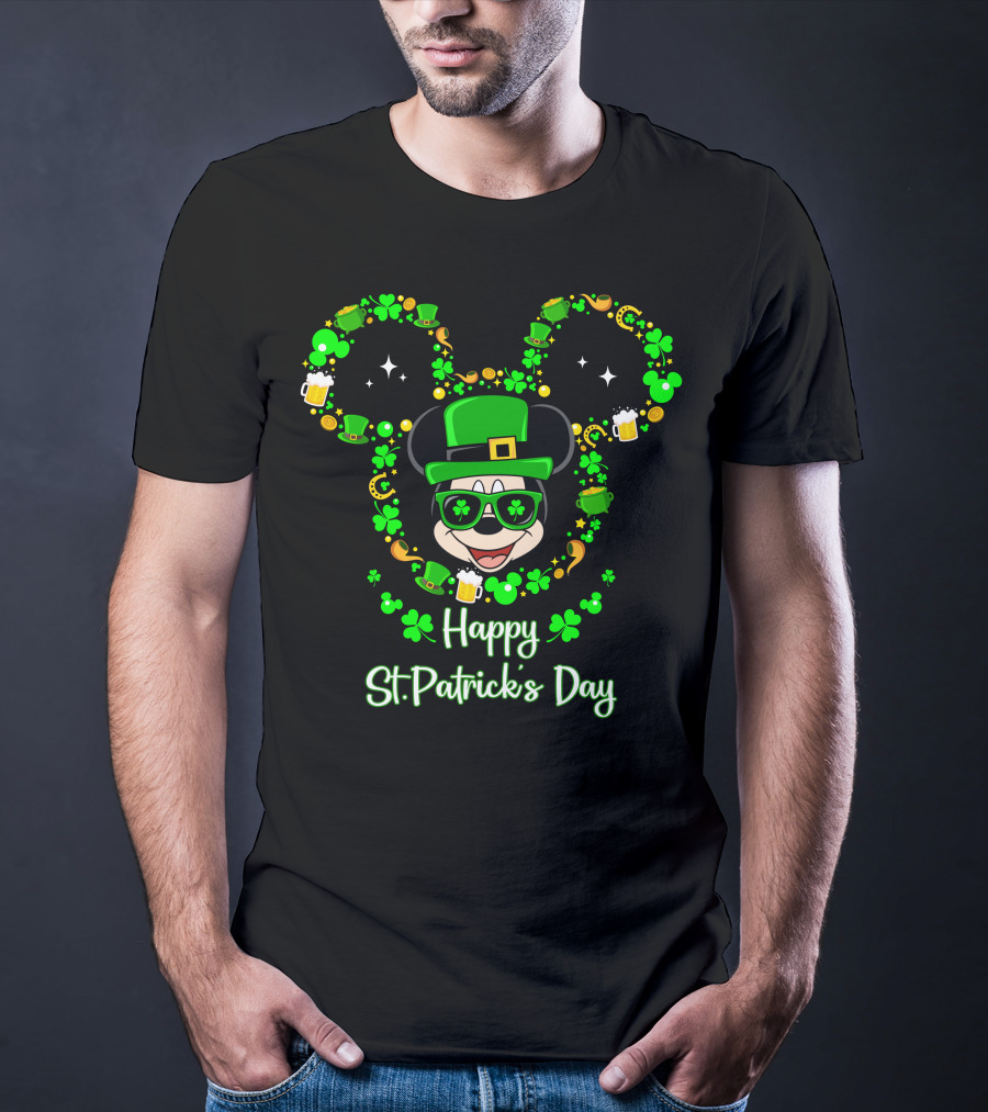 Happy St. Patrick's Day Mickey Graphic With Leprechaun Hat And Shamrocks T-Shirt