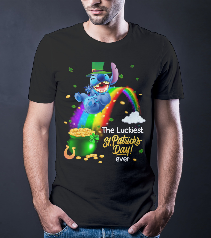 The Luckiest St. Patrick's Day Ever Stitch Rainbow Pot Of Gold T-Shirt
