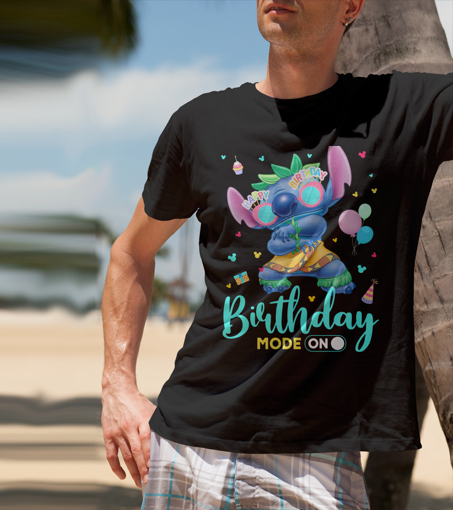 Stitch Birthday Mode On With Balloons And Cupcake T-Shirt