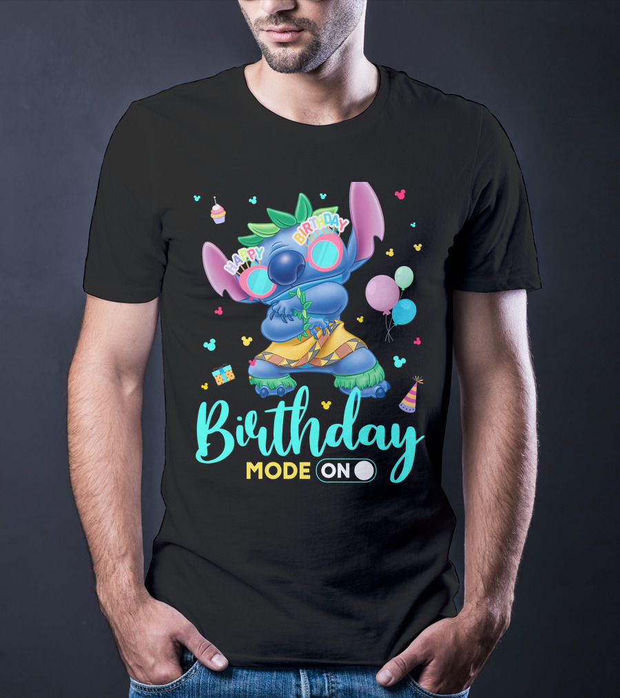 Stitch Birthday Mode On With Balloons And Cupcake T-Shirt