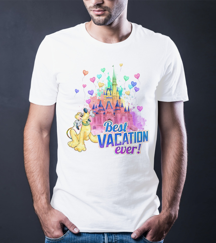 Best Vacation Ever Pluto With Colorful Castle And Heart Balloons T-Shirt