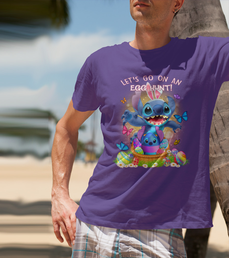 Let's Go On An Egg Hunt With Stitch Basket Of Eggs And Butterflies T-Shirt