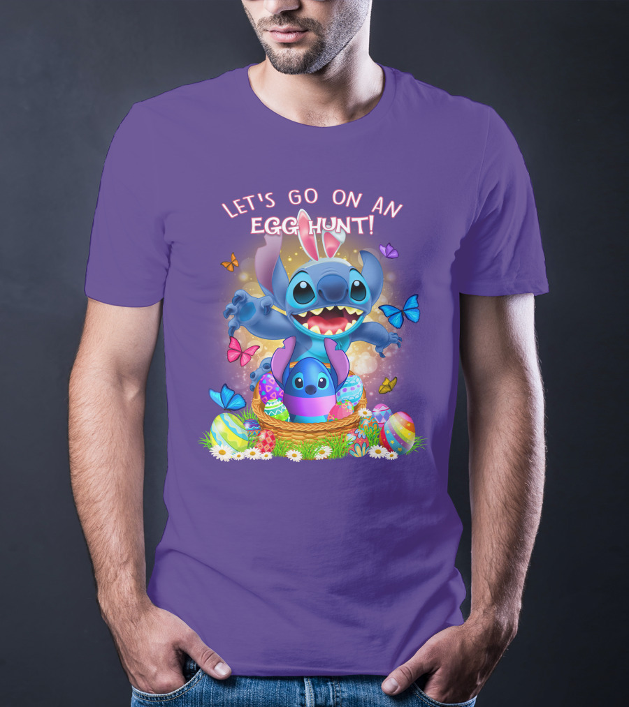 Let's Go On An Egg Hunt With Stitch Basket Of Eggs And Butterflies T-Shirt