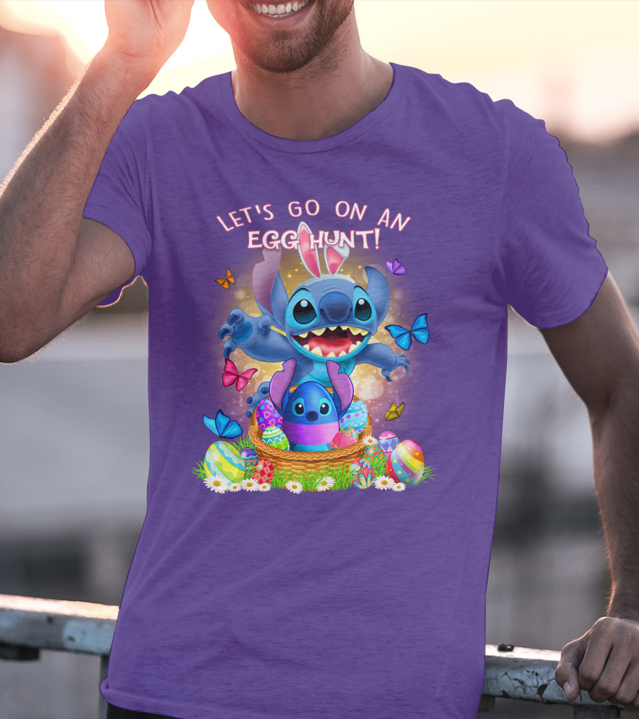 Let's Go On An Egg Hunt With Stitch Basket Of Eggs And Butterflies T-Shirt