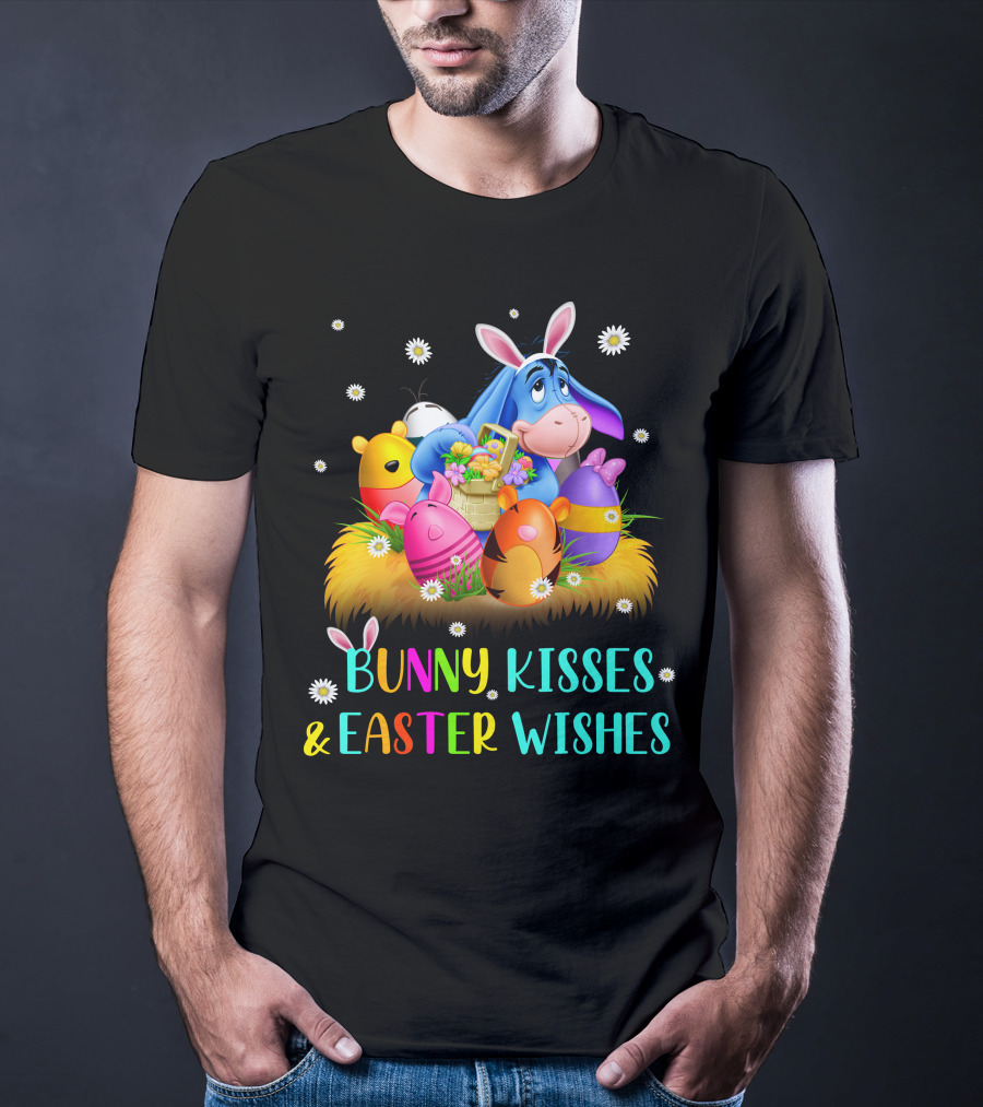 Bunny Kisses And Easter Wishes Eeyore Colorful Eggs Basket T-Shirt