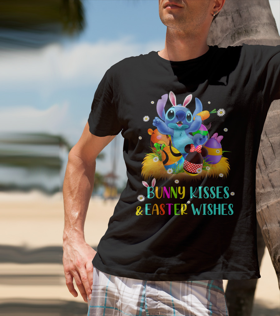 Bunny Kisses & Easter Wishes Stitch With Colorful Eggs And Spring Flowers T-Shirt