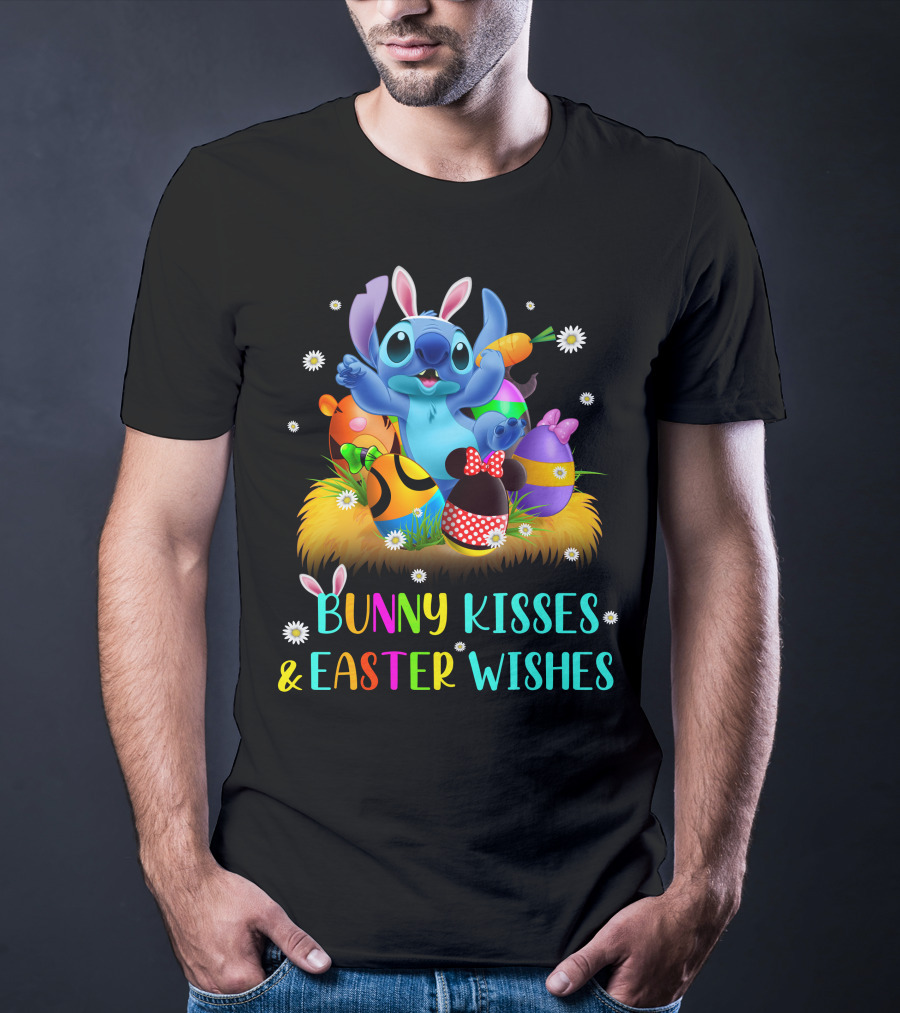 Bunny Kisses & Easter Wishes Stitch With Colorful Eggs And Spring Flowers T-Shirt