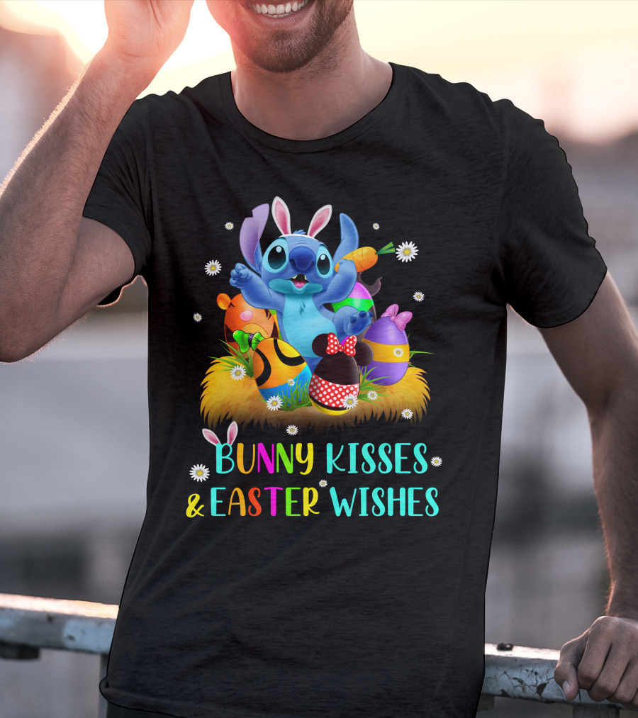 Bunny Kisses & Easter Wishes Stitch With Colorful Eggs And Spring Flowers T-Shirt