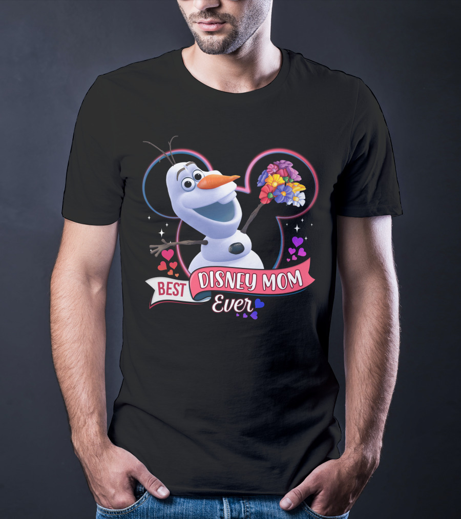 Best Disney Mom Ever Olaf Holding Flowers In Front Of Mickey Mouse Outline T-Shirt