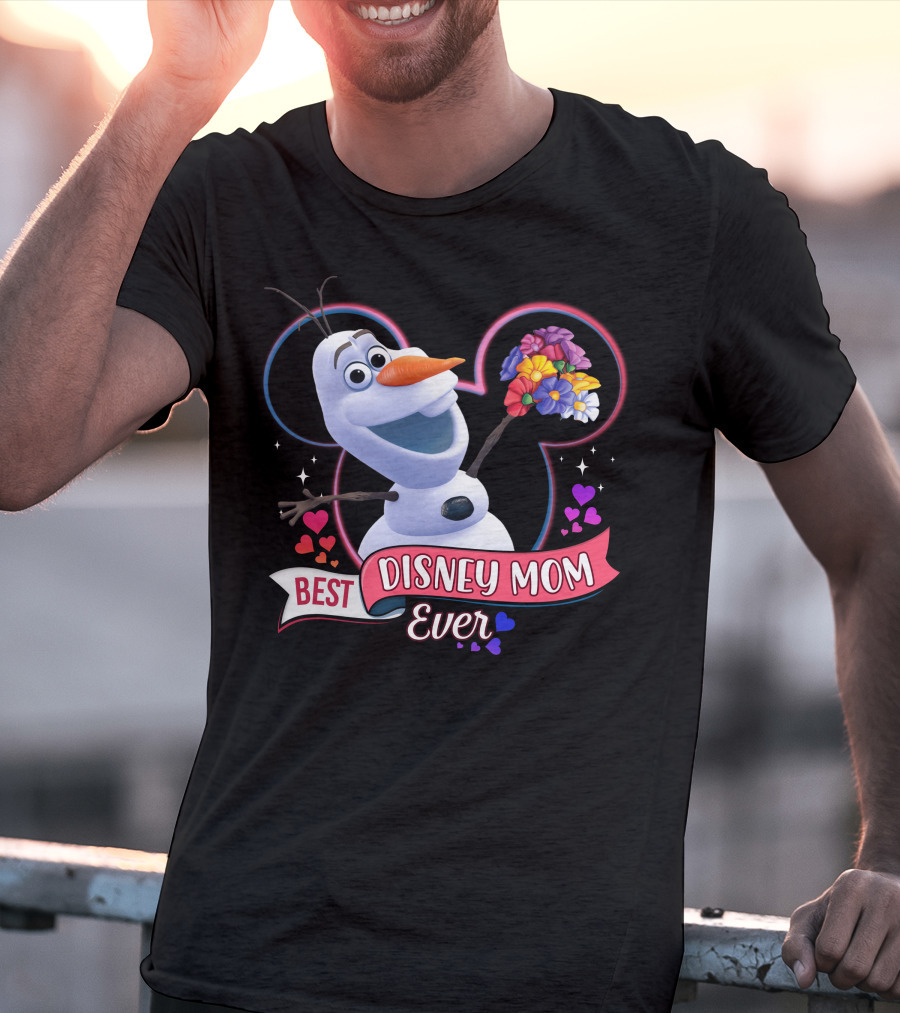 Best Disney Mom Ever Olaf Holding Flowers In Front Of Mickey Mouse Outline T-Shirt