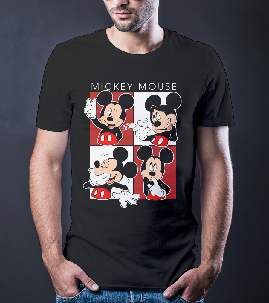 Mickey Mouse Expressive Poses Red And White Comic Panel T-Shirt