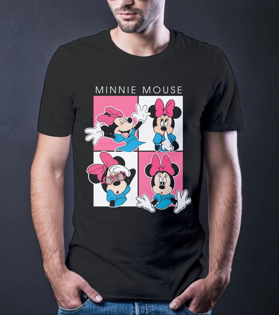 Minnie Mouse Expressive Poses In Blue Dress And Pink Bows T-Shirt