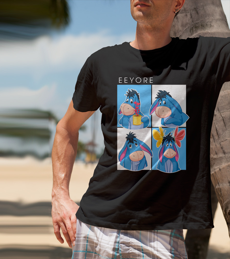 Eeyore Cartoon Expressions With Flowers And Mug T-Shirt