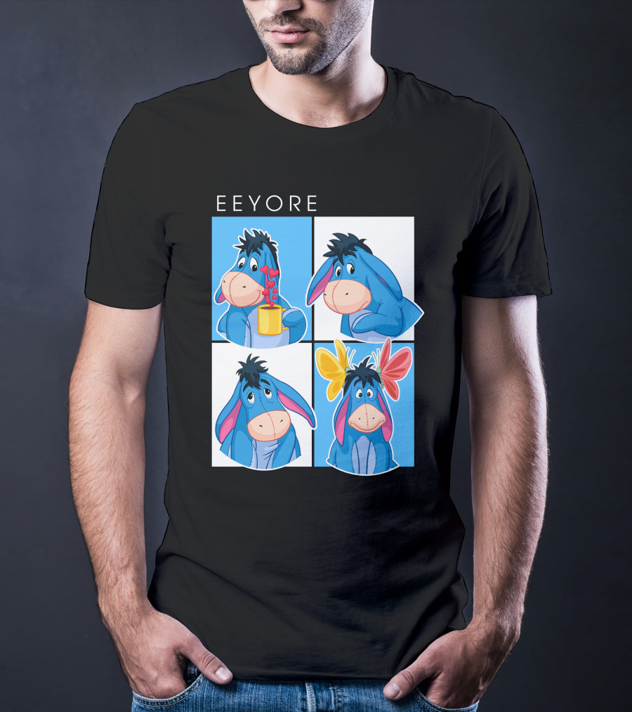 Eeyore Cartoon Expressions With Flowers And Mug T-Shirt