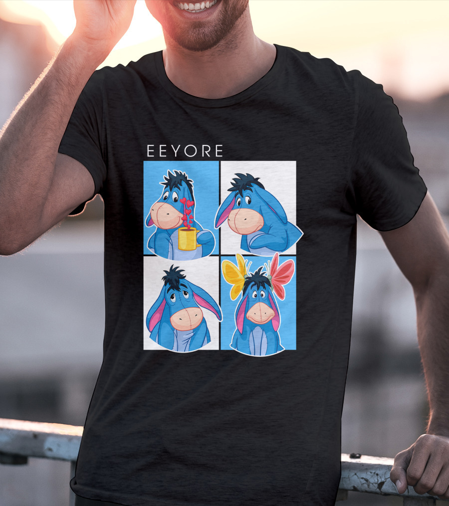 Eeyore Cartoon Expressions With Flowers And Mug T-Shirt