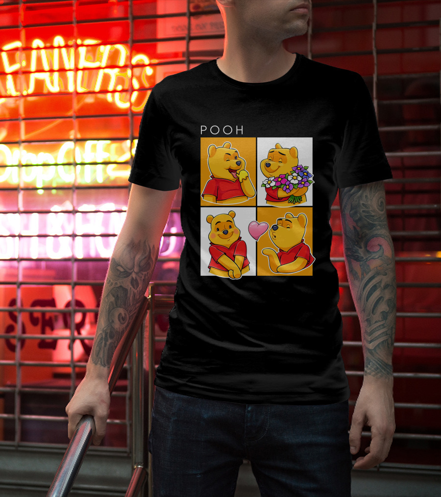 Pooh Cute Expressions And Flowers With Heart T-Shirt
