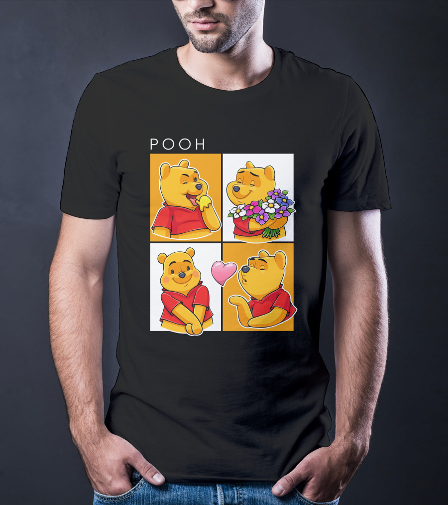 Pooh Cute Expressions And Flowers With Heart T-Shirt