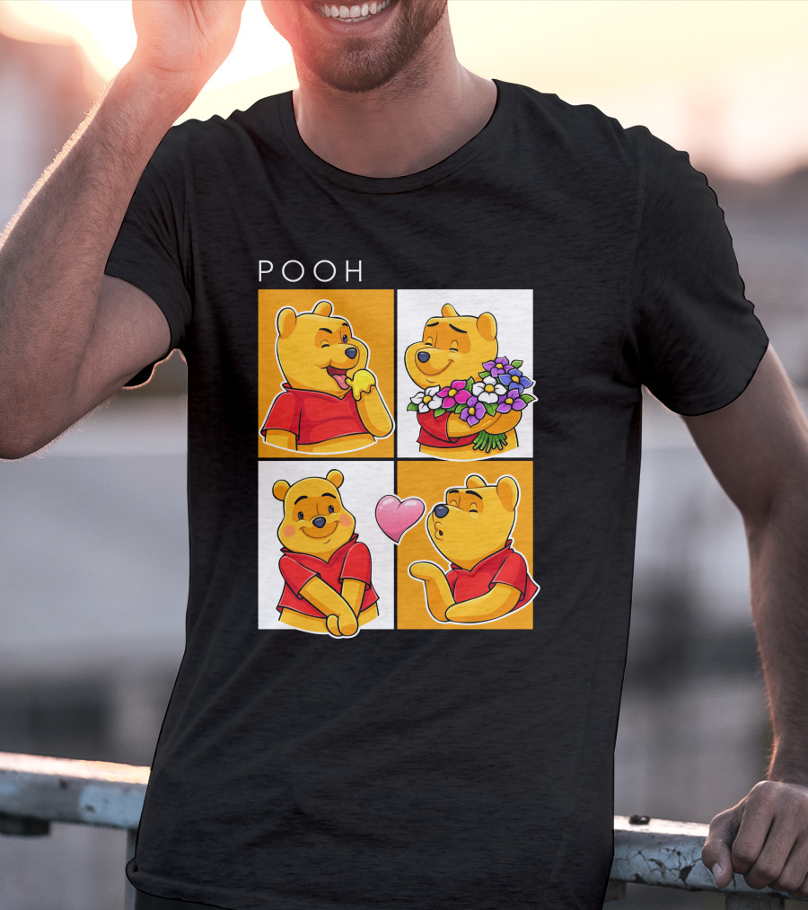 Pooh Cute Expressions And Flowers With Heart T-Shirt