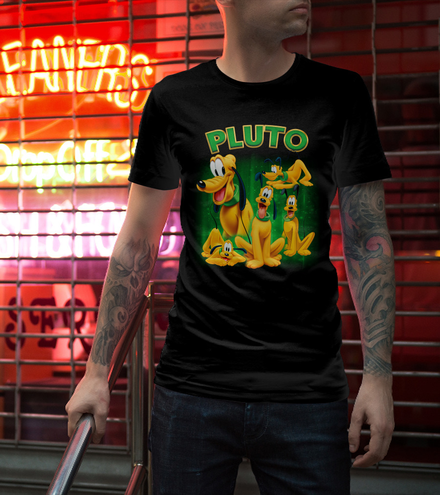 Pluto Classic Disney Character With Multiple Expressions On Green T-Shirt