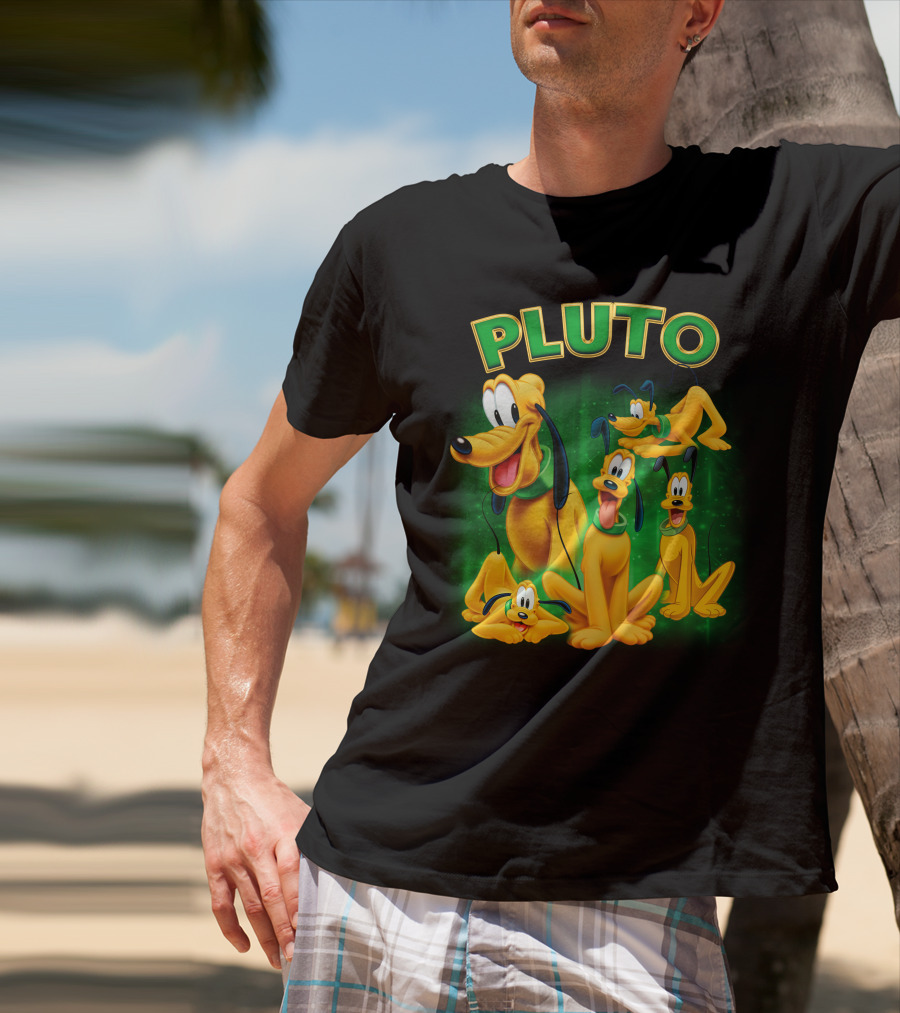 Pluto Classic Disney Character With Multiple Expressions On Green T-Shirt