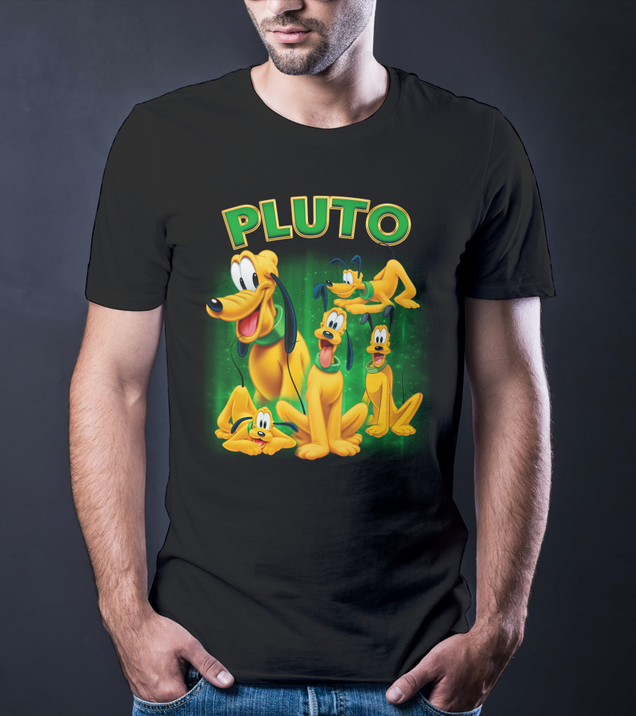 Pluto Classic Disney Character With Multiple Expressions On Green T-Shirt