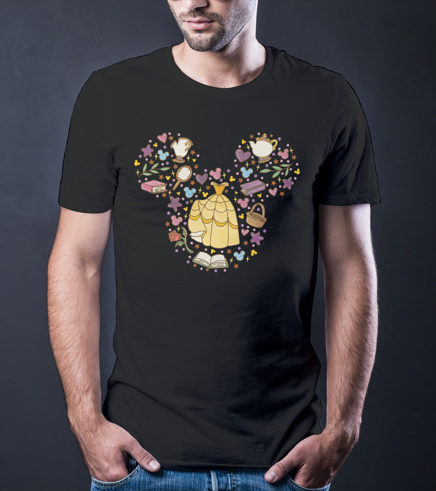Belle Enchanted Castle Objects With Dress Roses Books And Teapot In Mouse Ears Shape T-Shirt