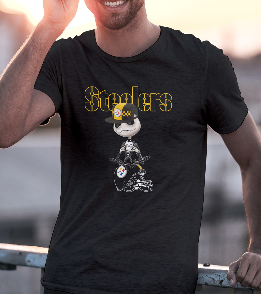 Steelers Jack Skellington With Pittsburgh Football Helmet And Cap T-Shirt