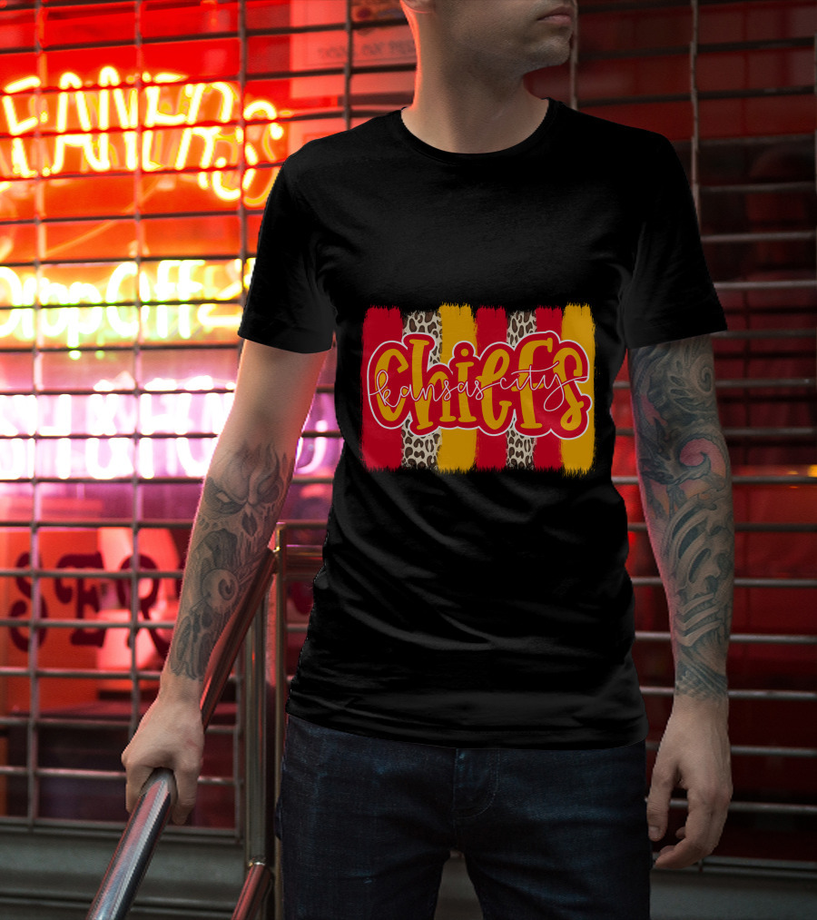 Kansas City Chiefs Handlettered Red Gold Leopard Stripes T-Shirt