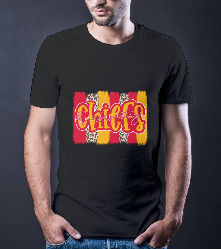 Kansas City Chiefs Handlettered Red Gold Leopard Stripes T-Shirt